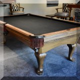 R01. AMF Highland Series walnut wood 8ft pool table with leather pockets and mother of pearl markers. Includes cues, billard balls and cover. 